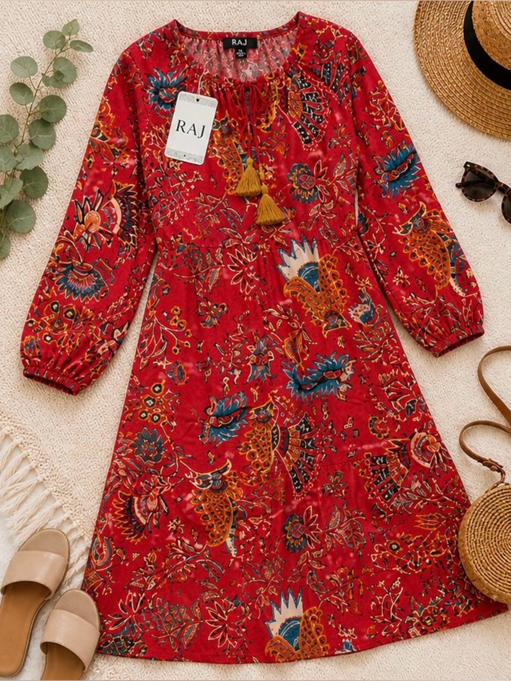 RAJ Red Boho Midi Dress XL
NWT Tassel Tie Floral Print
